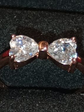 Vintage Sterling Silver Rose Gold Bow Ring with Clear Stones Double Hearts
